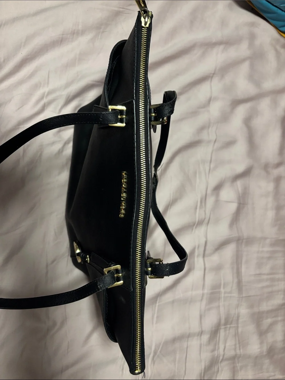 Michael Kors Black Leather Saffiano Tote with Gold Hardware